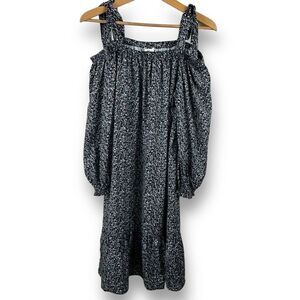 H Halston Women's Size M Long Puff Sleeve Off Shoulder Prarie Dress Black Floral